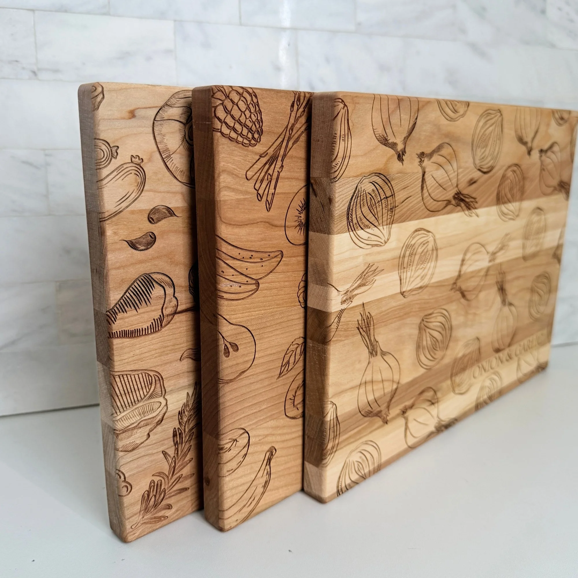 Cherry Wood Cutting Board Set (Fruit, Meat & Vegetable) Engraved